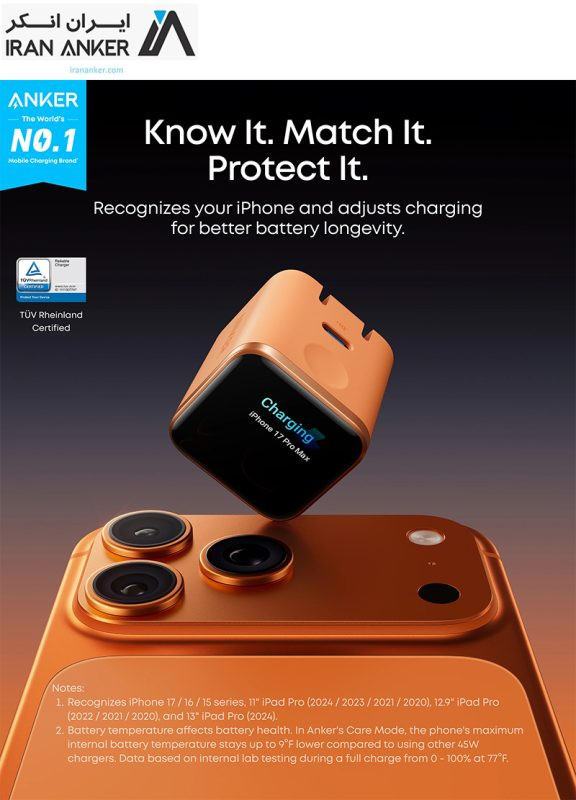 شارژر دیواری ۴۵ وات انکر مدل Nano charger A1217 دارای هوش مصنوعی رنگ نارنجی
